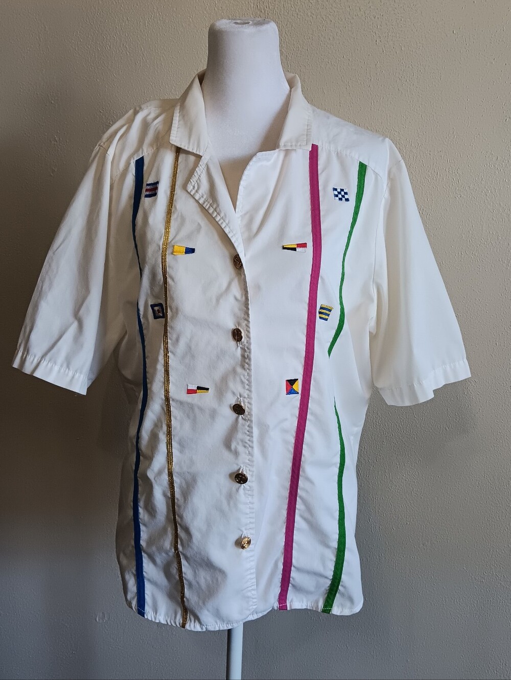 Vintage White Short Sleeve Shirt with Nautical Flag Embroidery Size 14
